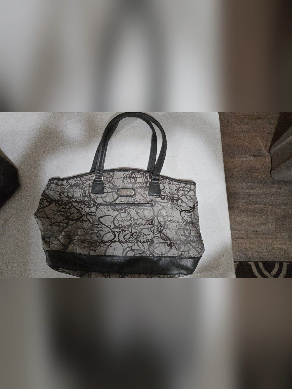 Jessica Simpson Gray Script Print Tote Bag with Black Trim